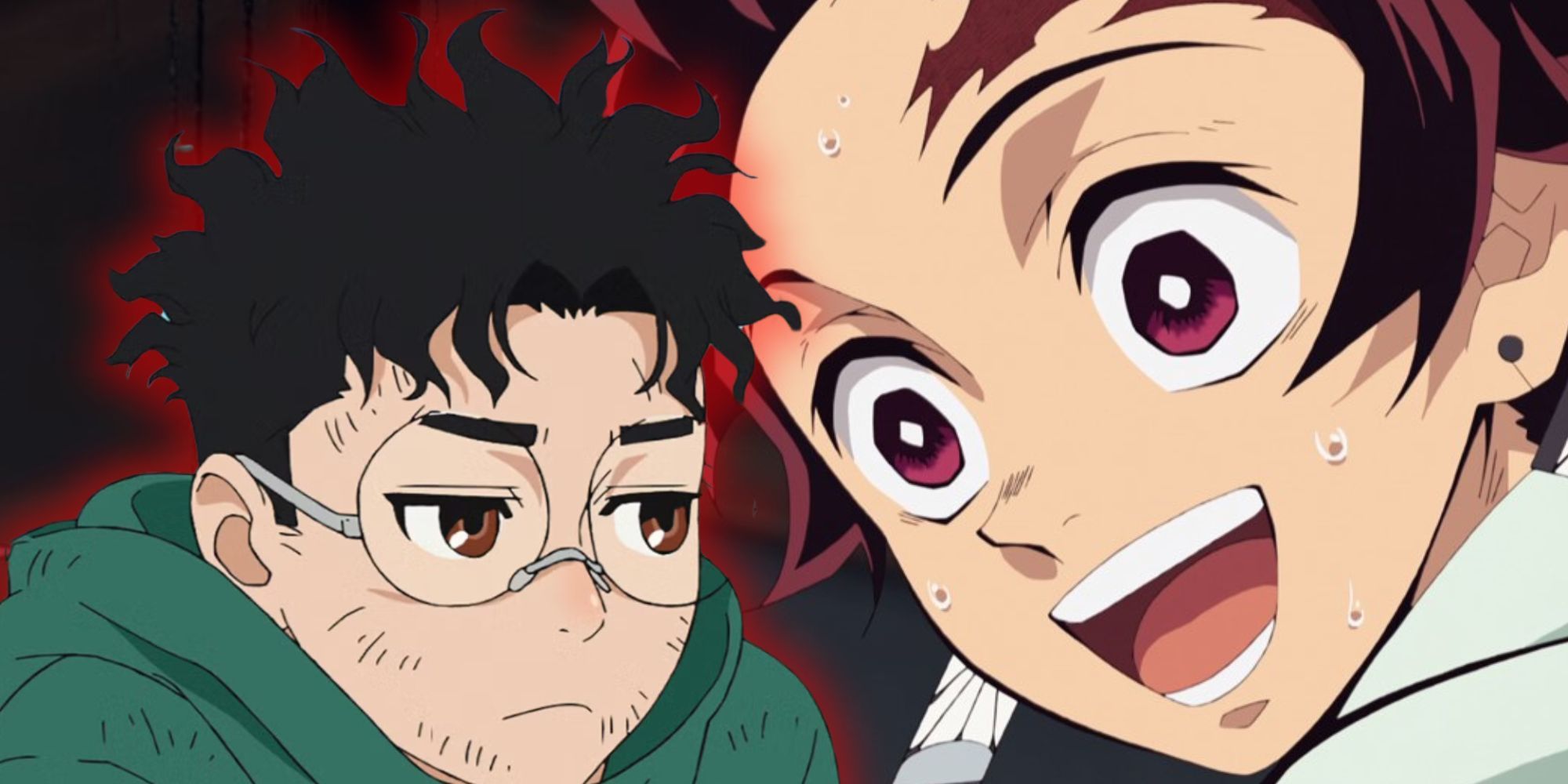 Okarun looks gloomy as Tanjiro is excited in the background