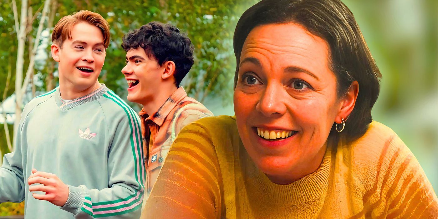 Olivia Colman smiling as Mrs. Nelson and Joe Locke and Kit Connor as Charlie and Nick in Heartstopper