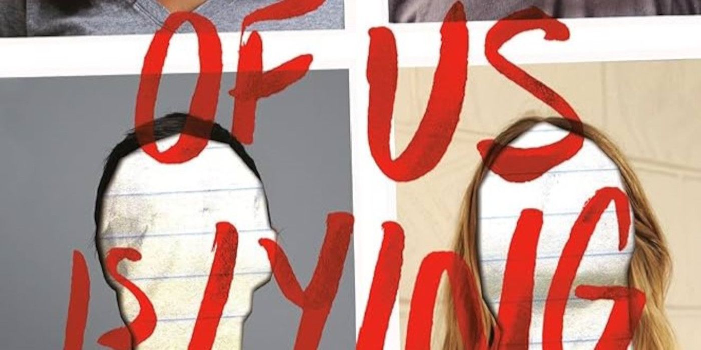 One Of Us Is Lying Cover featuring the title in red and pictures of people whose faces are cut out