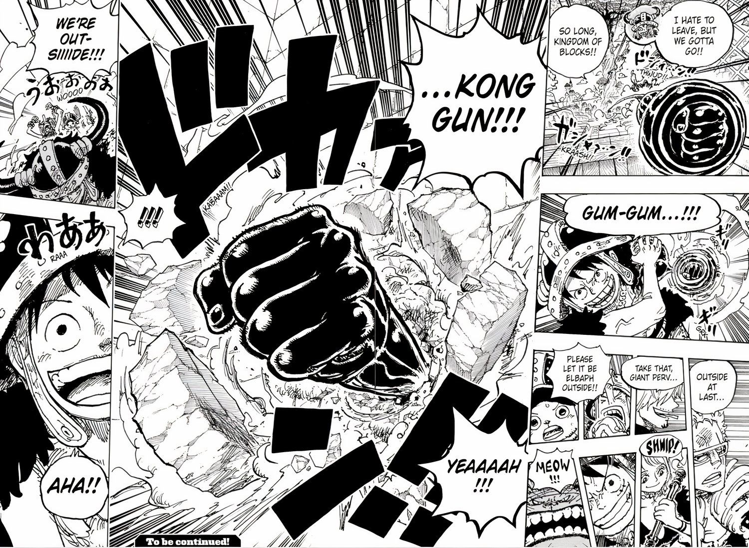 Painéis de mangá do capítulo 1129 de One Piece mostram Luffy e outros Chapéus de Palha montados em um gato gigante enquanto Luffy dá um soco em uma parede de pedra para escapar de uma prisão de Elbaf.