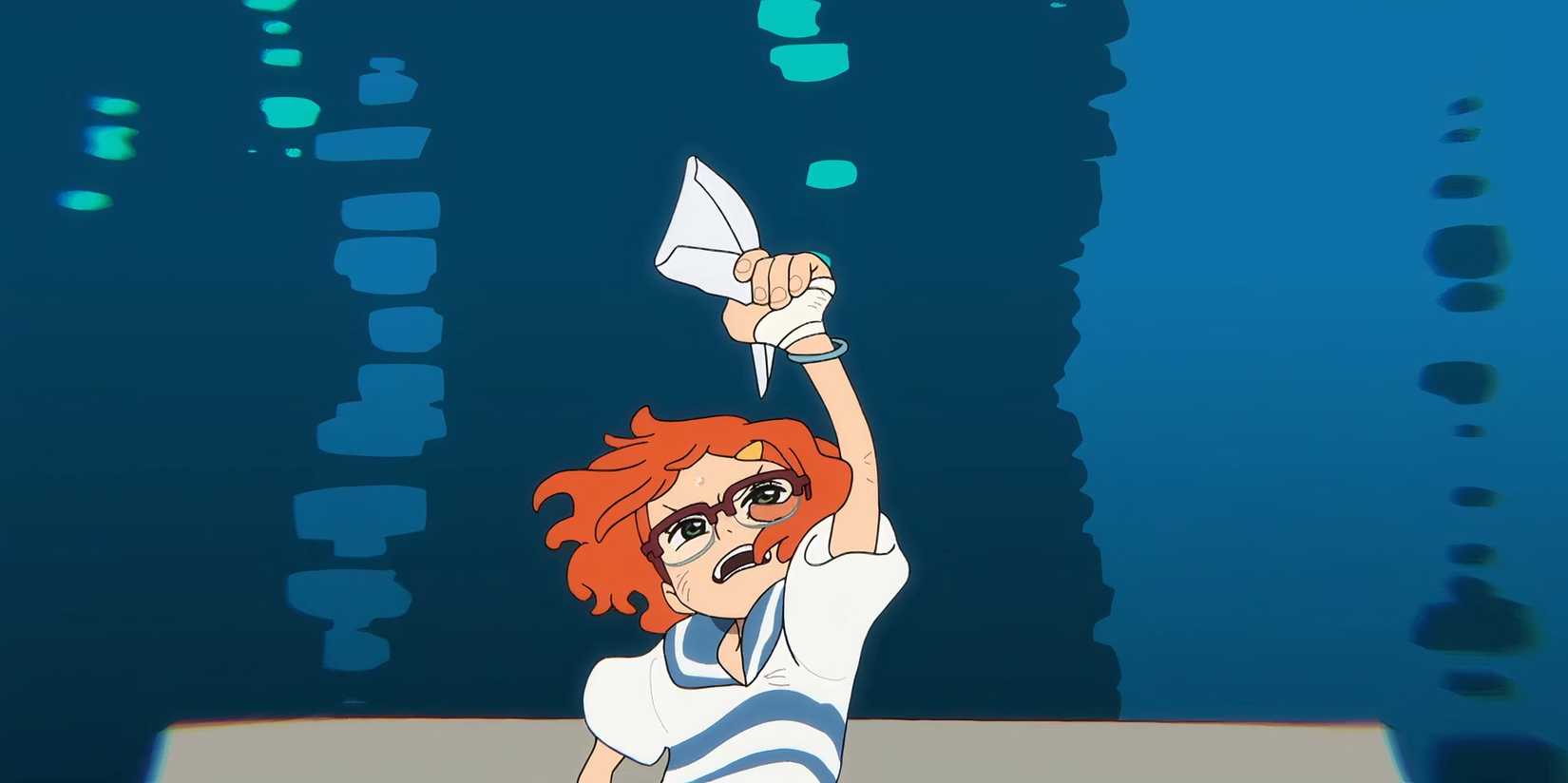 Screen shot from One Piece anime Fan Letter episode shows Girl Holding onto a letter and she is hanging over a ship Over Water