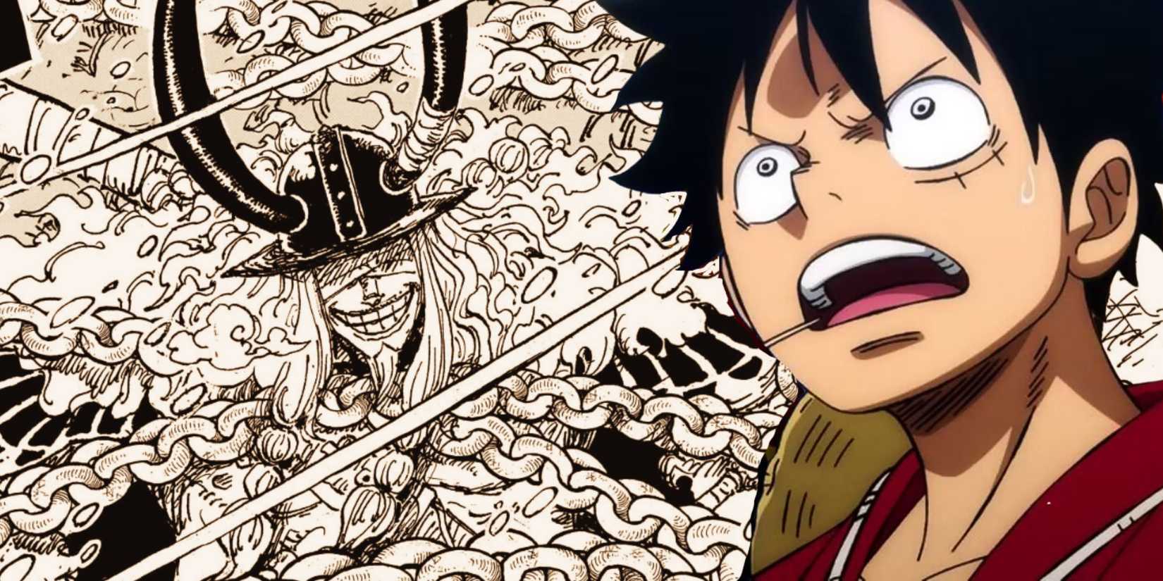 Loki from the manga in the background with Luffy worried in the front