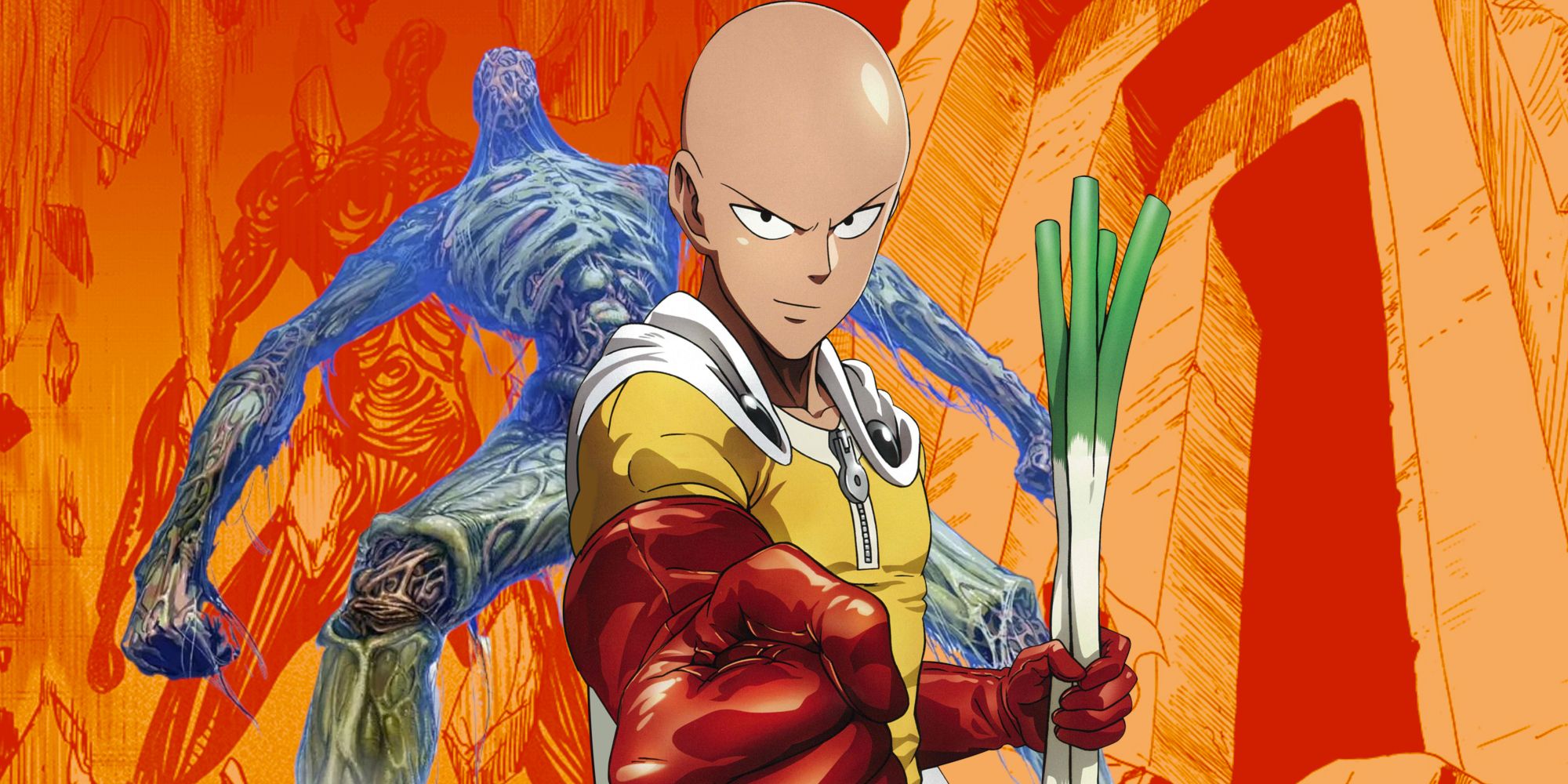 Saitama con Dios en la puerta de piedra del cielo y el santuario de Orochi en One Ball Man