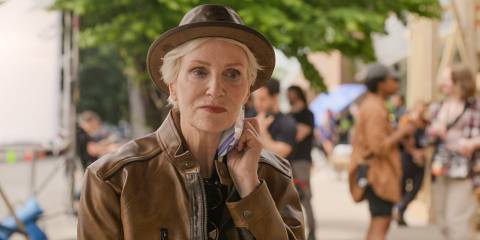 Sazz (Jane Lynch) refreshing herself after a risky scene in Only Murders in the Building Season 4 Ep 10