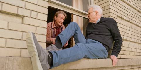 Charles (Steve Martin) going out the window to rescue Mabel in Only Murders in the Building Season 4 Ep 10