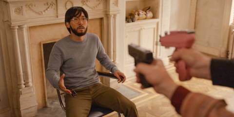 Marshall P. Pope (Jin Ha) being held at gunpoint in Only Murders in the Building Season 4 Ep 10