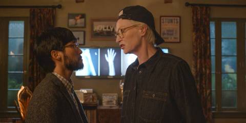Sazz (Jane Lynch) confronts Marshall P. Pope (Jin Ha) for stealing her script in Only Murders in the Building Season 4 Ep 10