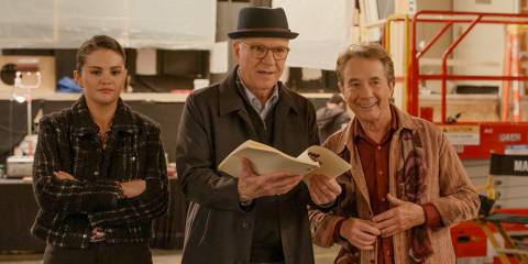 Mabel (Selena Gomez), Charles (Steve Martin), and Oliver (Martin Short) supervising the movie scenes in Only Murders in the Building Season 4 Ep 10