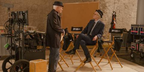 In his imagination, Charles (Steve Martin) thanks Sazz (Jane Lynch) for writing the movie script in Only Murders in the Building Season 4 Ep 10