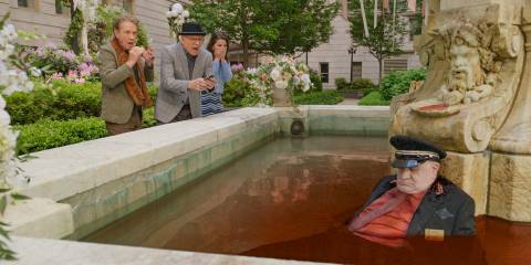 Oliver, Charles, and Mabel find Lester's dead body in the fountain in Only Murders in the Building Season 4 Ep 10