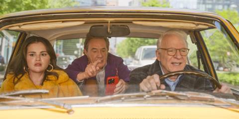 Mabel (Selena Gomez), Oliver (Martin Short) and Charles (Steve Martin) fleeing from their building in Only Murders in the Building Season 4 Episode 7