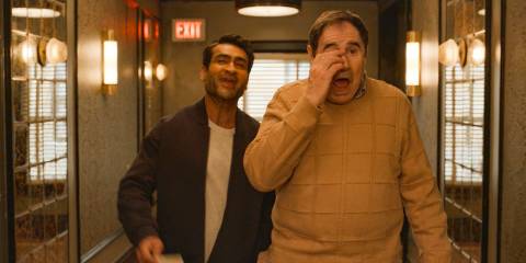 Rudy Thurber (Kumail Nanjiani) and Vince Fish (Richard Kind) visiting Dudenoff's apartment in Only Murders in the Building Season 4 Episode 8