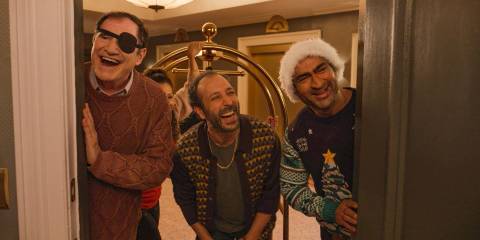 Vince Fish (Richard Kind), Alfonso (Desmin Borges) and Rudy Thurber (Kumail Nanjiani) surprise the actors and Mabel, Charles, and Oliver with a surprise visit in Only Murders in the Building Season 4 Episode 8