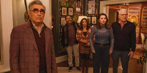 The actors with Mabel and Charles looking shocked in Only Murders in the Building Season 4 Episode 8