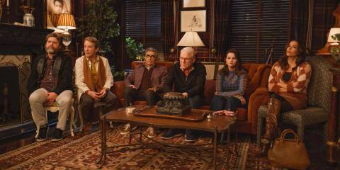 The actors and Oliver, Charles and Mabel listening to the story of the Westies in Only Murders in the Building Season 4 Episode 8