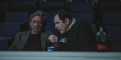 Milton Dudenoff (Griffin Dunne) and his student Vince Fish (Richard Kind) engage in a film critique in Only Murders in the Building Season 4 Episode 8