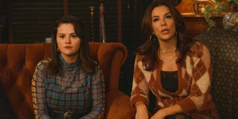 Mabel (Selena Gomez) and Eva Longoria listening to the story of the Westies in Only Murders in the Building Season 4 Episode 8