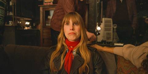 Helga (Alexandra Templer) watching the farewell video that Dudenoff left for her in Only Murders in the Building Season 4 Episode 8