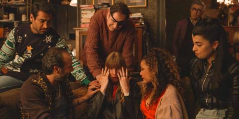 The Westies comforting Helga (Alexandra Templer) after learning of Dudenoff's death in Only Murders in the Building Season 4 Episode 8