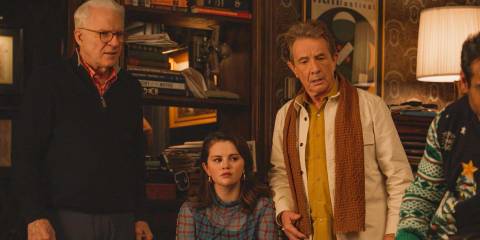 Charles (Steve Martin), Mabel (Selena Gomez) and Oliver (Martin Short) looking puzzled in Only Murders in the Building Season 4 Episode 8