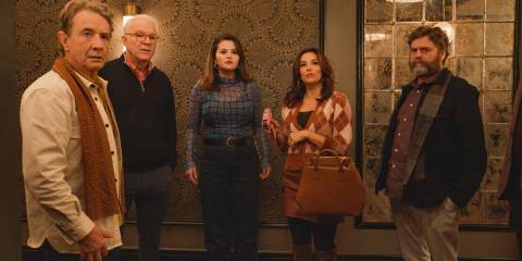 Oliver, Charles, Mabel, Eva and Zach confused after hearing the Westies' story with Dudenoff in Only Murders in the Building Season 4 Episode 8