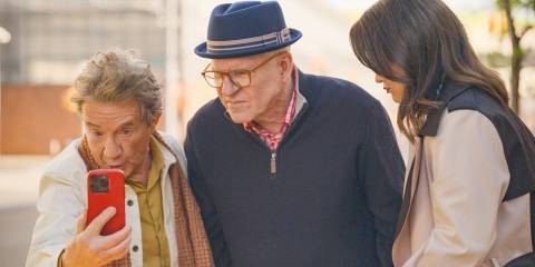 Oliver (Martin Short), Charles (Steve Martin) and Mabel on a FaceTime call with the actors in Only Murders in the Building Season 4 Episode 8
