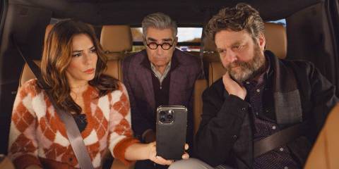Eva Longoria, Eugene Levy and Zach Galifianakis on a facetime call in Only Murders in the Building Season 4 Episode 8