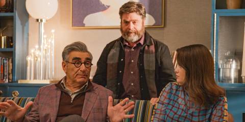 , Eugene Levy, Zach Galifianakis and Mabel (Selena Gomez) having a conversation in Only Murders in the Building Season 4 Episode 8