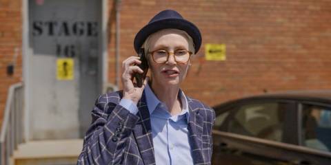 Sazz (Jane Lynch) walking off the film set in Only Murders in the Building Season 4 Episode 9