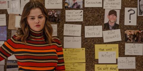 Mabel (Selena Gomez) pins up new evidence on the crime board in Only Murders in the Building Season 4 Episode 9