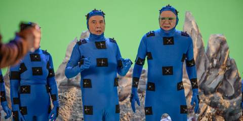 Oliver (Martin Short) and Charles (Steve Martin) wearing mocap suits, ready to film on the set in Only Murders in the Building Season 4 Episode 9