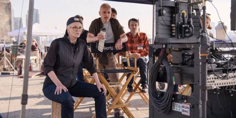 Sazz (Jane Lynch) supervising the stunt scene of her protégé in Only Murders in the Building Season 4 Episode 9