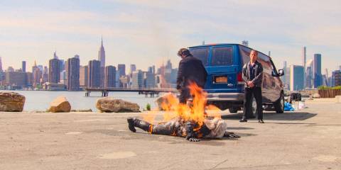 Stunt scene of Sazz's protégé in Project Ronkonkoma in Only Murders in the Building Season 4 Episode 9