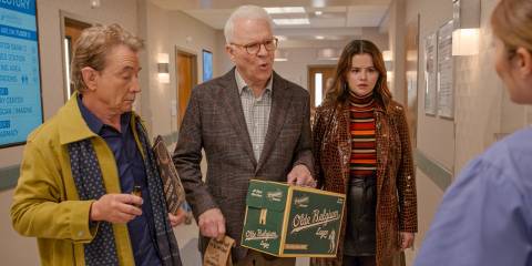 Oliver (Martin Short) and Charles (Steve Martin) and Mabel (Selena Gomez) try to interrogate Glen Stubbins, who is in the hospital in Only Murders in the Building Season 4 Episode 9