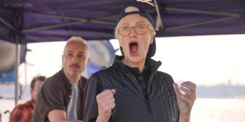 Sazz (Jane Lynch) celebrating the successfully completed stunt scene of her protégé in Only Murders in the Building Season 4 Episode 9