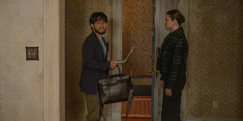 Marshall P. Pope (Jin Ha) asks Mabel (Selena Gomez) for help to improve his script in Only Murders in the Building Season 4 Episode 9