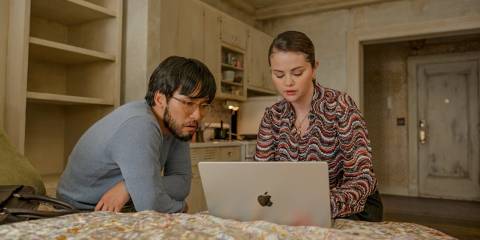 Mabel (Selena Gomez) helping Marshall P. Pope (Jin Ha) make some adjustments in the movie script in Only Murders in the Building Season 4 Episode 9