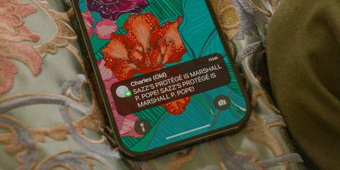 Mabel receives a text from Charles revealing that Marshall P. Pope is Sazz's protégé in Only Murders in the Building Season 4 Episode 9