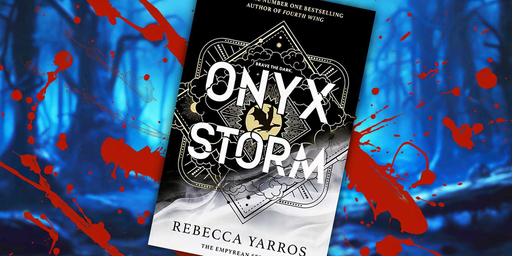 The cover of Onyx Storm with a blood-splattered blue background