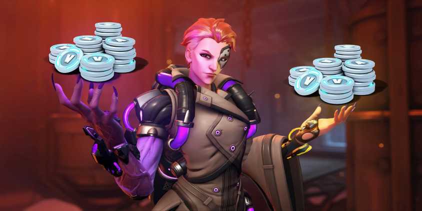 Overwatch 2 Moira holding the Fortnite Currency known as V-Bucks