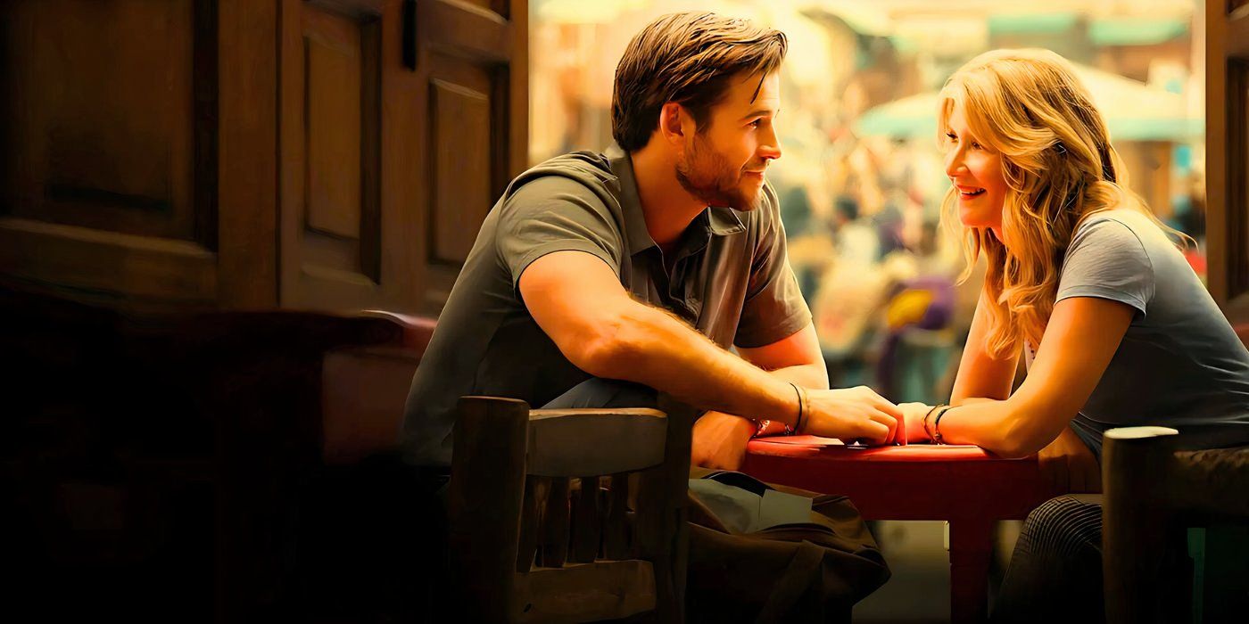 Owen (Liam Hemsworth) and Katherine (Laura Dern) sit at a table in Lonely Planet's promotional poster