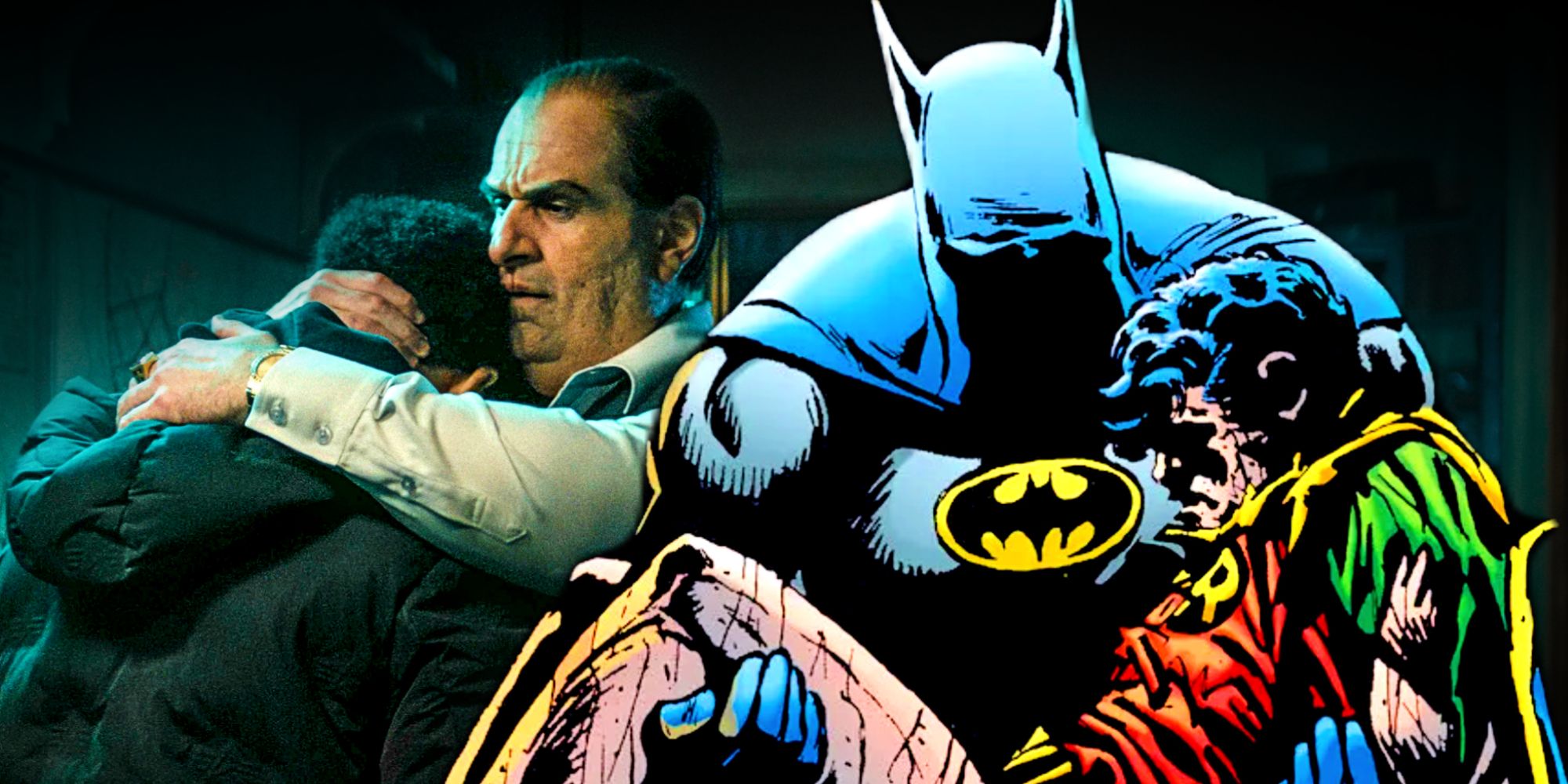 Oz Cobb hugs Victor Aguilar in The Penguin and Batman embraces Jason Todd Robin in DC Comics' Death in the Family