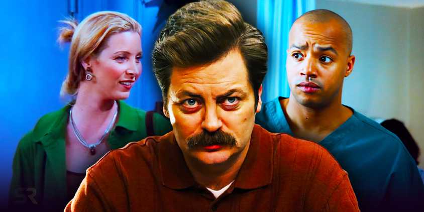 Custom image of Nick Offerman as Ron Swanson in Parks & Rec, Lisa Kudrow as Phoebe Buffay in Friends, and Donald Faison as Turk in Scrubs