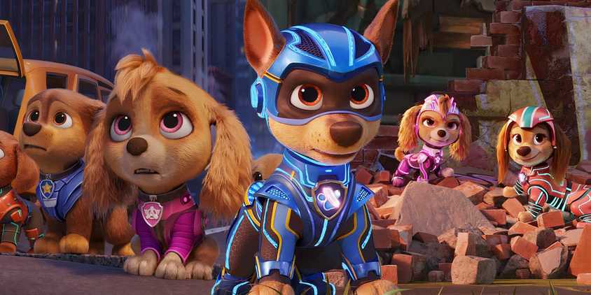 A composite image of Chase looking on triumphantly in front of other characters from Paw Patrol looking worried