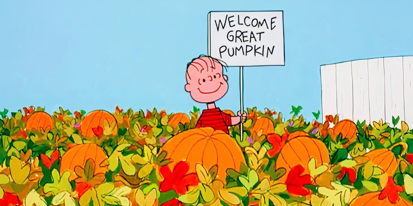 Peanuts, animated version of Linus standing in a pumpkin patch with a sign that says Welcome Great Pumpkin