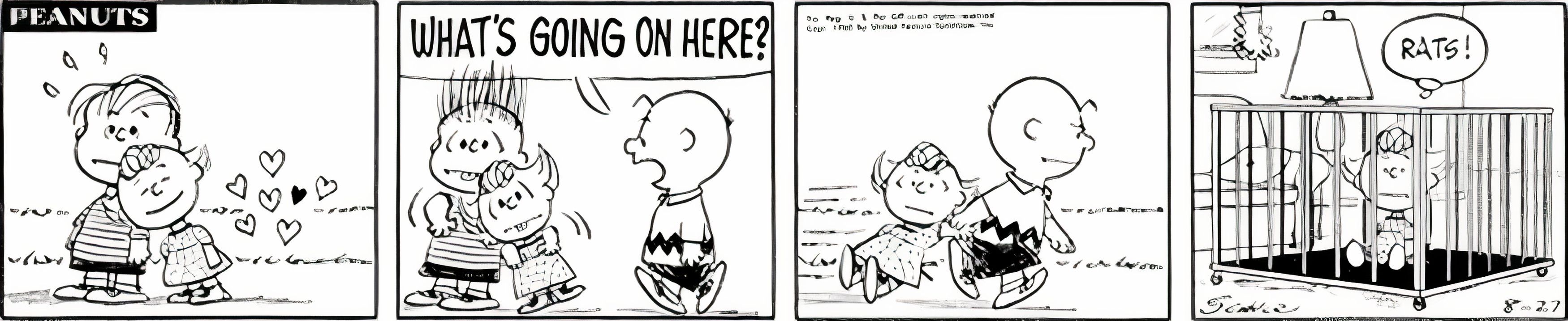 Peanuts, 27 de agosto de 1960, Charlie Brown arrasta Sally para longe de Linus e a coloca em um berço