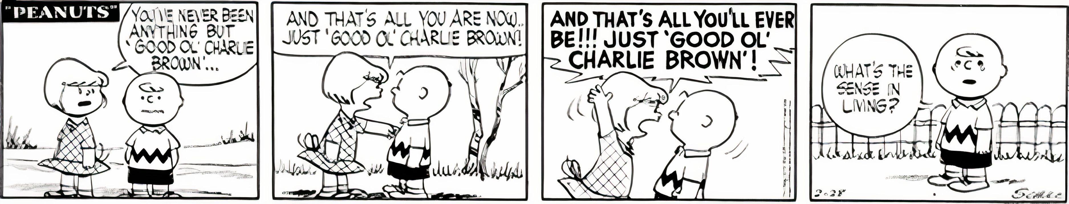 Peanuts, February 28, 1955, Patty makes Charlie Brown feel like there's no point to life