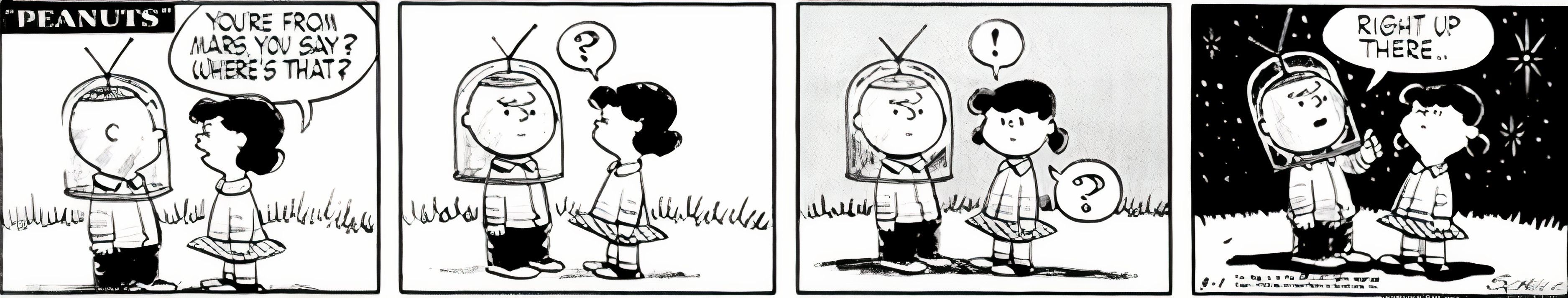 Peanuts, March 1, 1955, Charlie Brown appears with a 'space helmet' and says he's from Mars