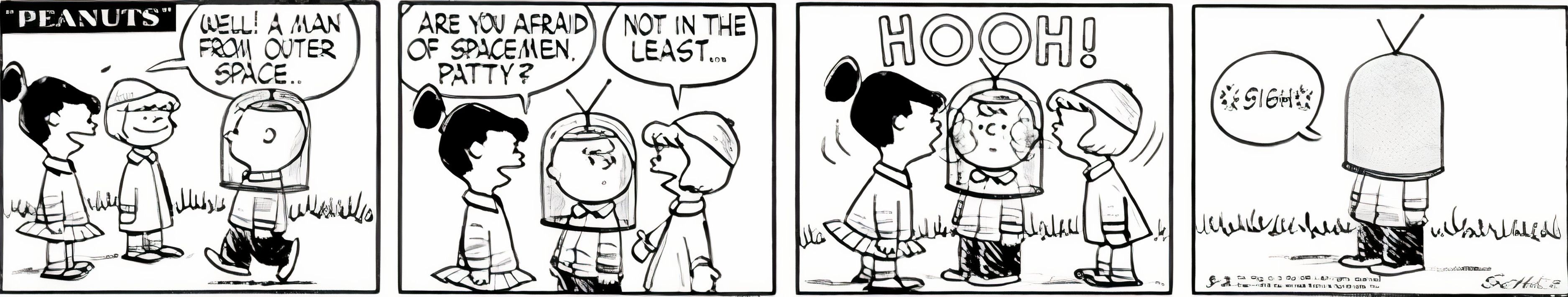 Peanuts, March 2, 1955, Lucy and Patty both spit on Charlie Brown's space helmet