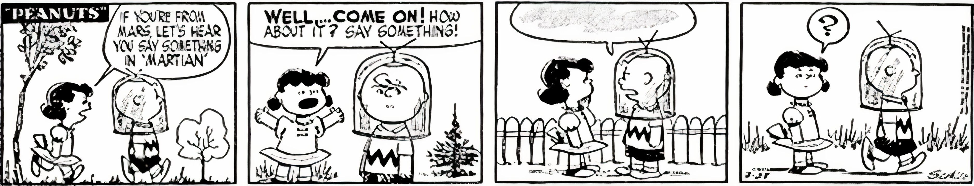 Peanuts, March 28, 1955, Charlie Brown speaks Martian to Lucy